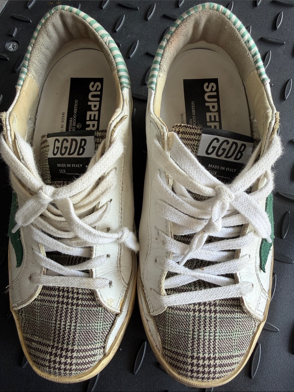 Golden Goose Women's White Sneakers with Green Star and Plaid Toe